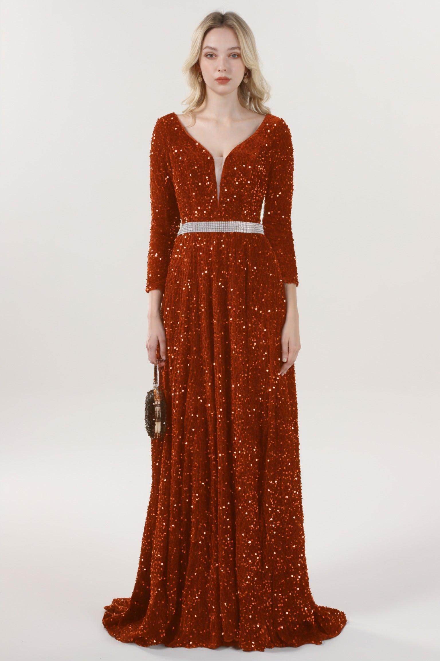 A-Line Sweep-Brush Train Velvet Sequin Bridesmaid Dress CS0636BM - COCOMELODY